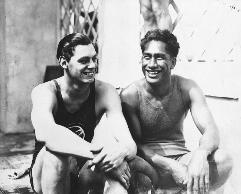 Johnny Weissmuller, left, with Duke Kahanamoku at the 1924 Olympics in Paris