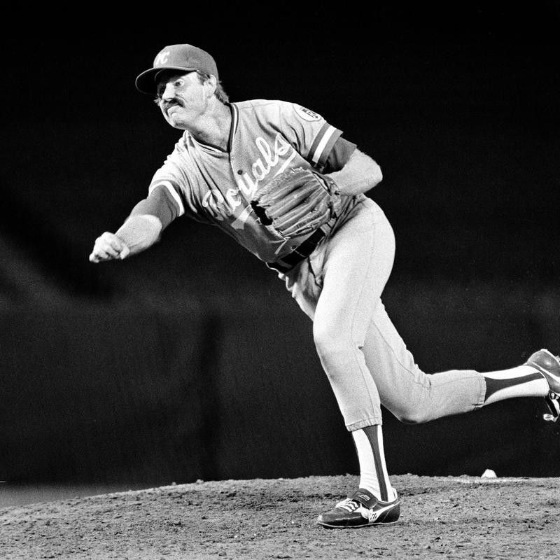 Kansas City Royals' relief pitcher Dan Quisenberry strikes out California Angels pitcher Daryl Sconiers