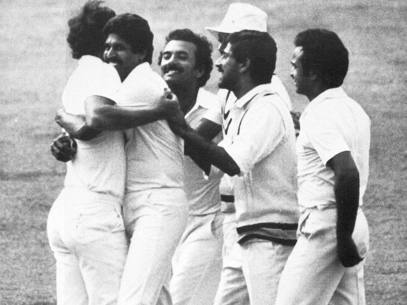 Kapil Dev hugs Indian bowler Madan Lal