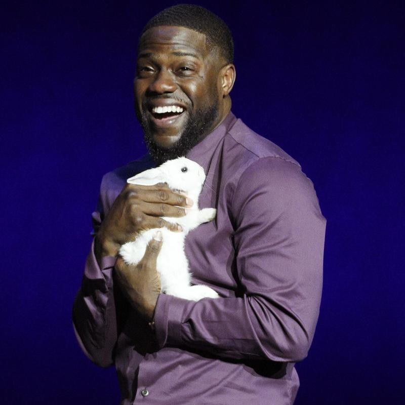 Kevin Hart holds a rabbit onstage