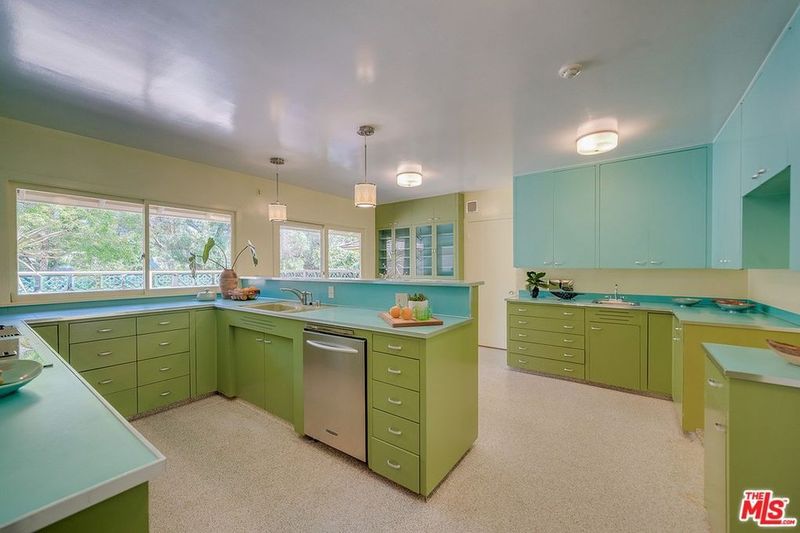 Kitchen with retro green cabinets