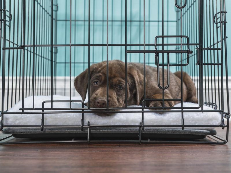 Labrador Puppy lying down in a wire crate