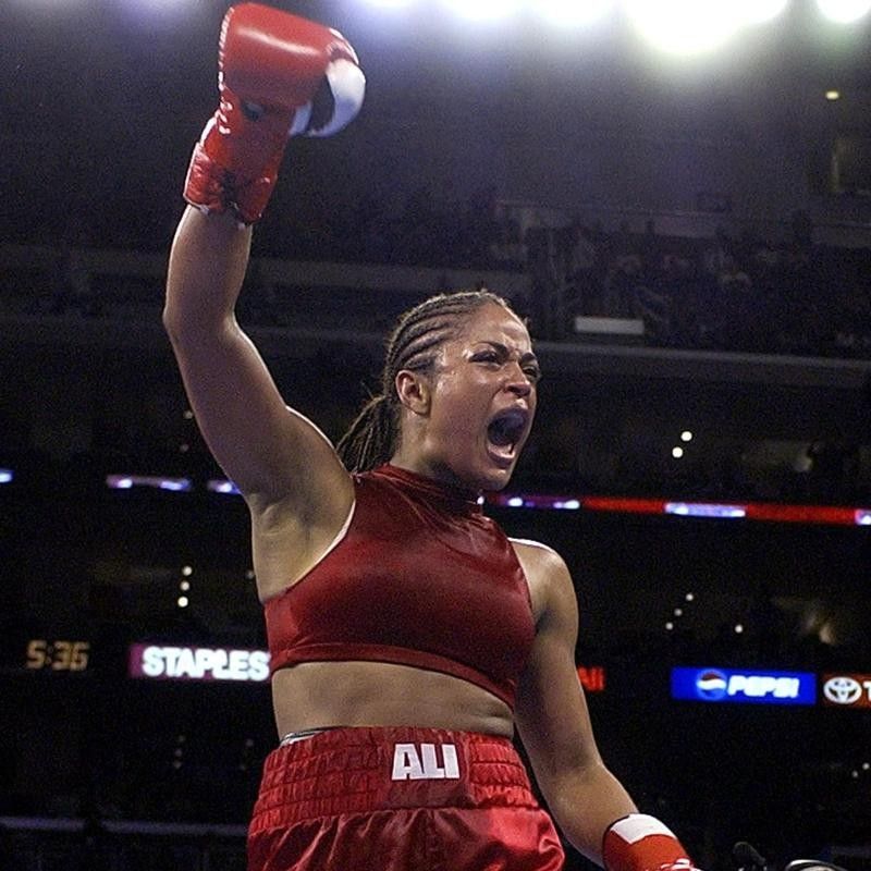Laila Ali celebrates victory against Valerie Mahfood in Los Angeles