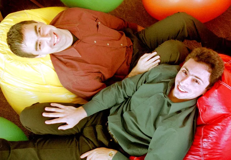Google cofounders, CEO Larry Page, left, and chairman Sergey Brin, at the company headquarters in Mountain View, California, in 2000.