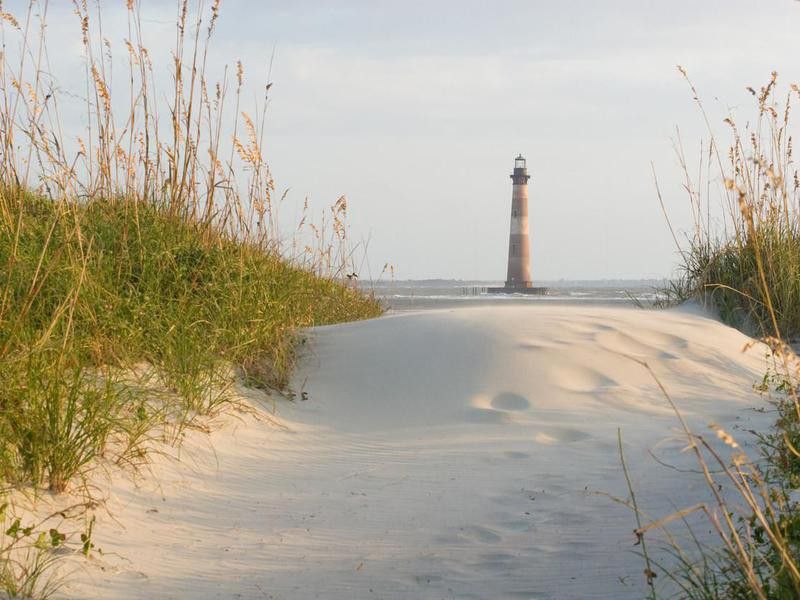 Lighthouse on the sandy beach surrounded by greenery growth