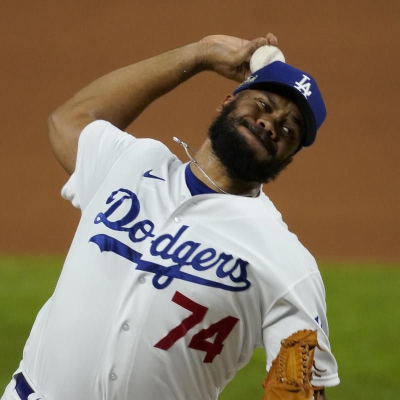 Los Angeles Dodgers' Kenley Jansen throws to San Diego Padres