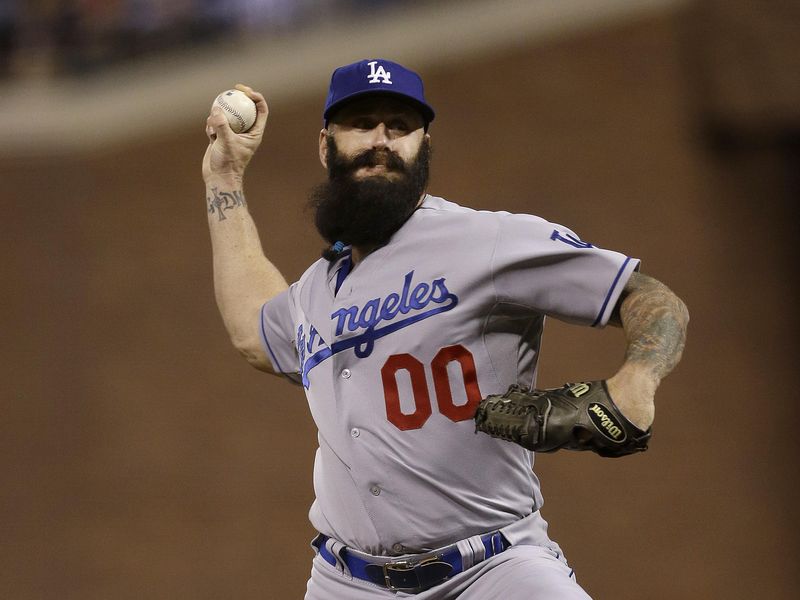 Los Angeles Dodgers pitcher Brian Wilson throws against San Francisco Giants