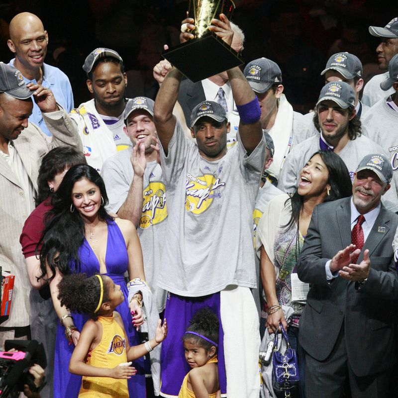 Los Angeles Lakers' Kobe Bryant celebrates after winning NBA basketball championship