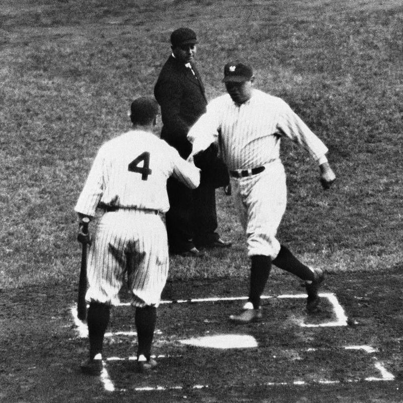 Lou Gehrig welcoming Babe Ruth
