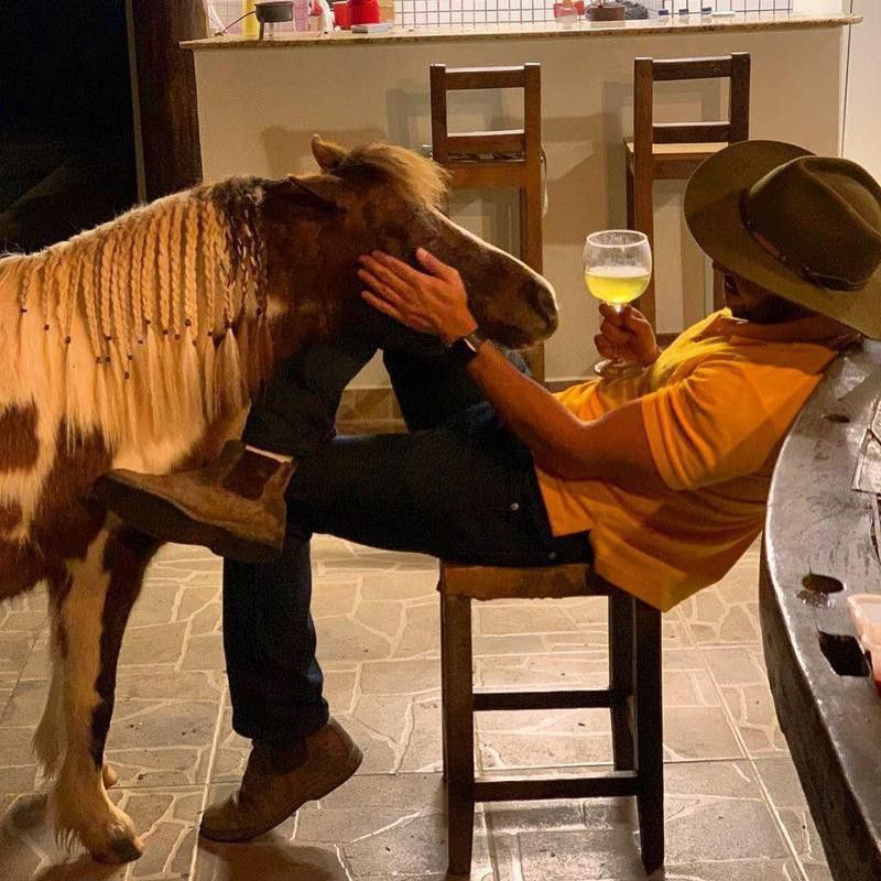 Man drinking beer with pet pony