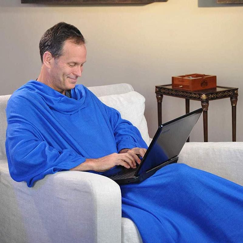 Man wearing blue Snuggie