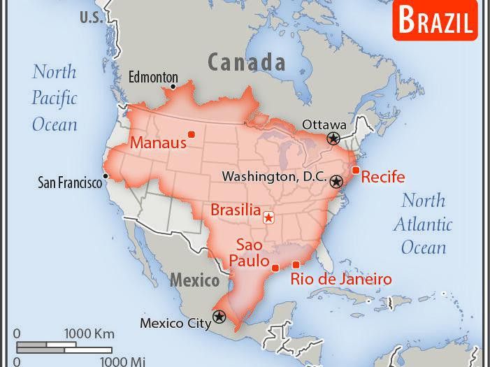 Map comparing Brazil and the U.S.