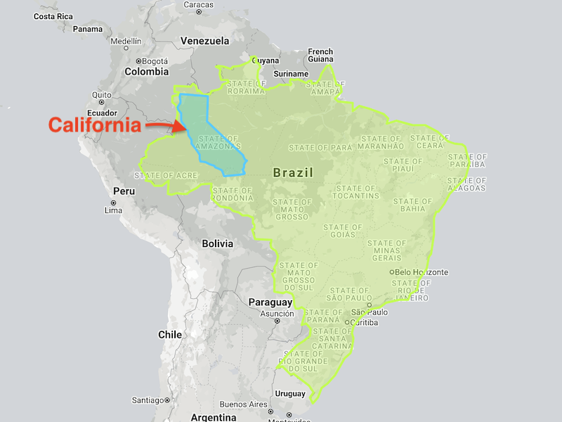 Map comparing California and Brazil