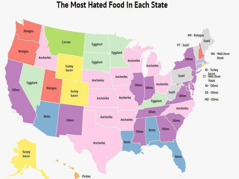 Map of most hated foods in America