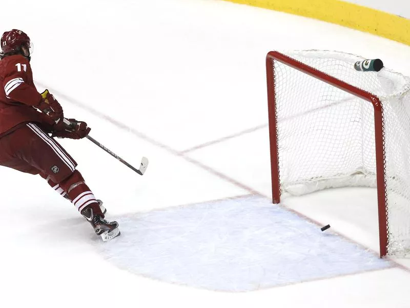 Phoenix Coyotes player Martin Hanzal scores an empty-net goal against the Detroit Red Wings during a 2012 game in Glendale, Ariz.
