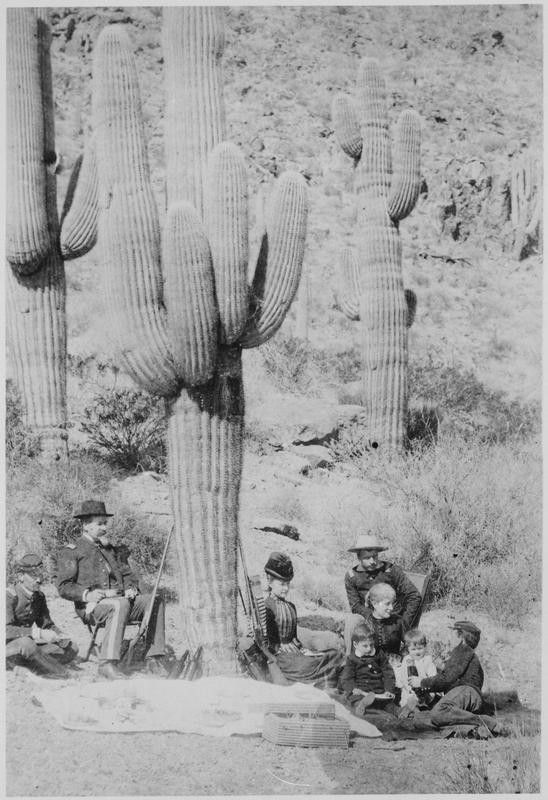 Men and women eating under a large cactus