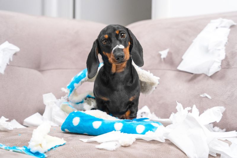 Messy dachshund puppy at home alone