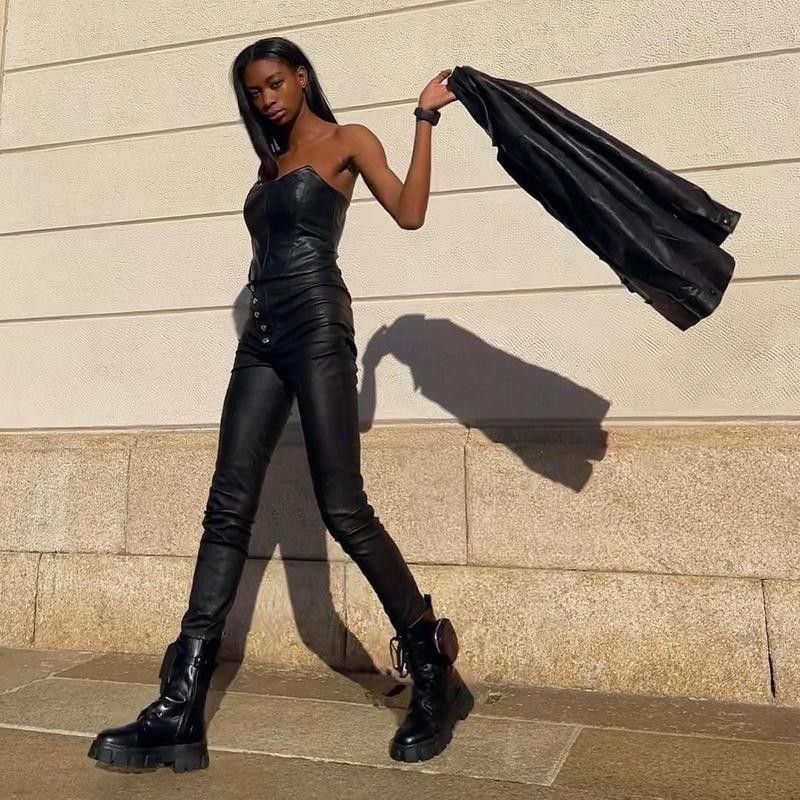 Model in all leather outfit