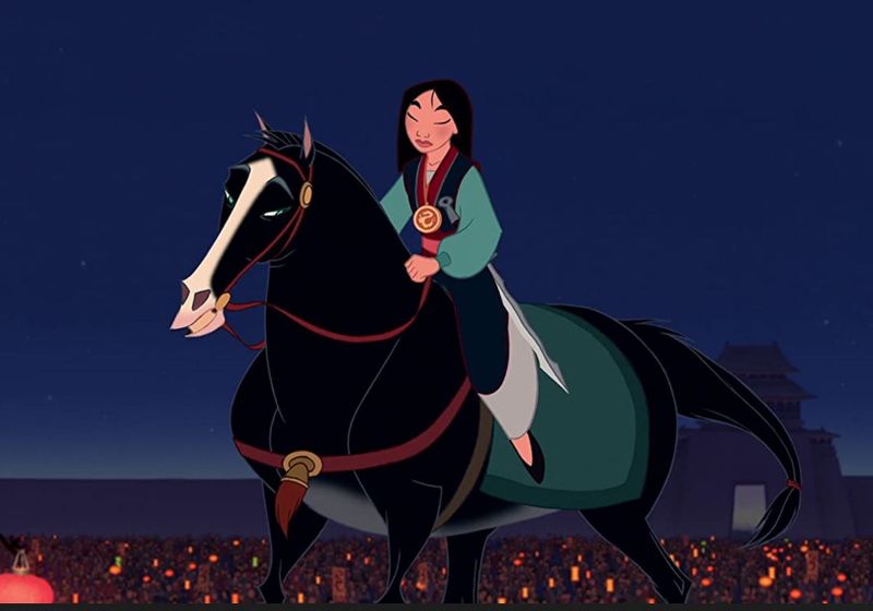 Mulan riding a horse