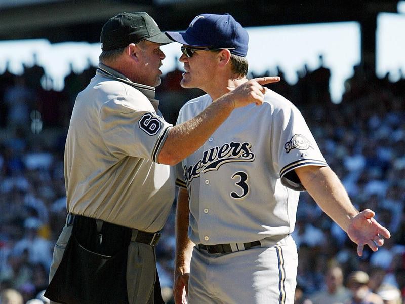 Ned Yost argues with home-plate umpire, Jim Joyce