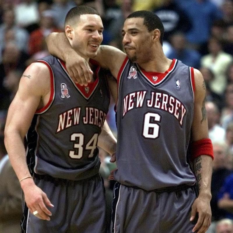 New Jersey Nets players Kenyon Martin and Aaron Williams celebrate