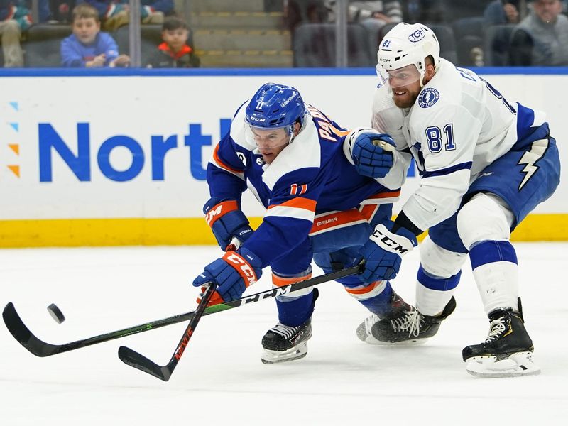 New York Islanders' Zach Parise shoots puck as Tampa Bay Lightning's Erik Cernak defends