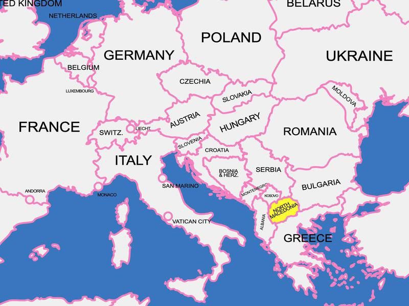 North Macedonia on map Europe