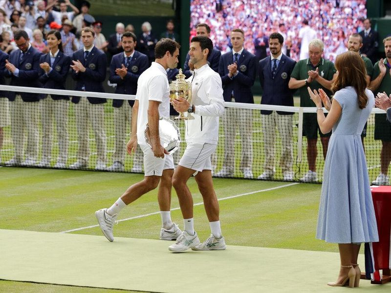 Novak Djokovic beating Roger Federer at 2019 Wimbledon final