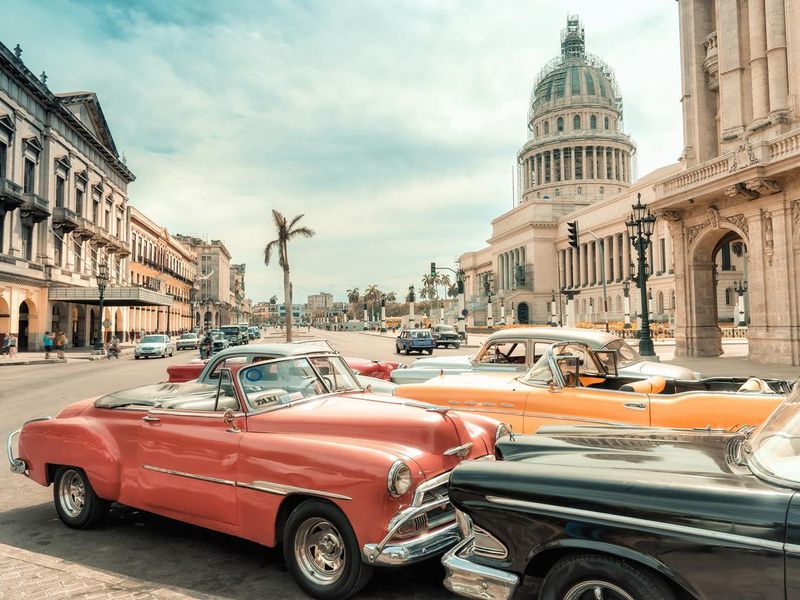 oldtimer taxi cars parking in front of Capitol in Havanna