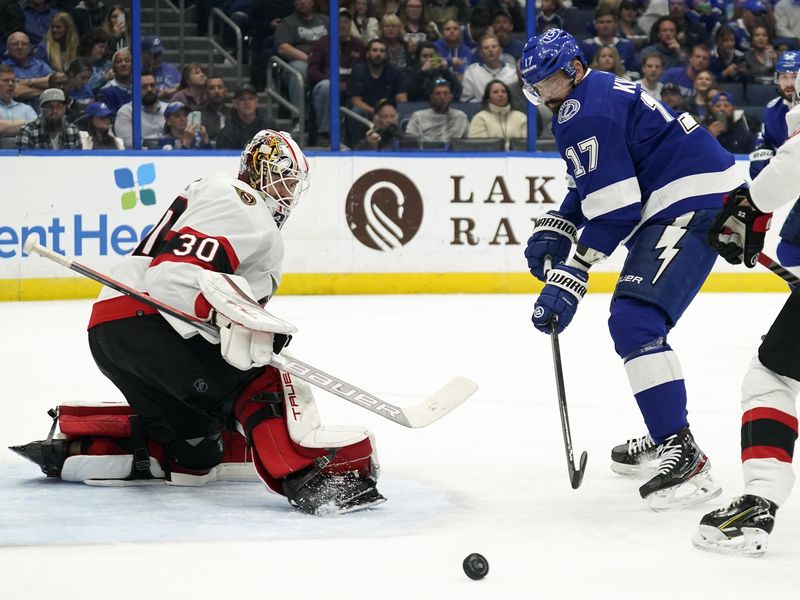 Ottawa Senators goaltender Matt Murray makes pad save on shot by Alex Killorn