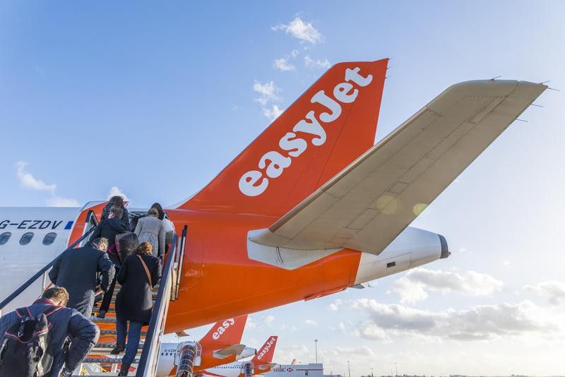 Passengers board Easyjet airplane