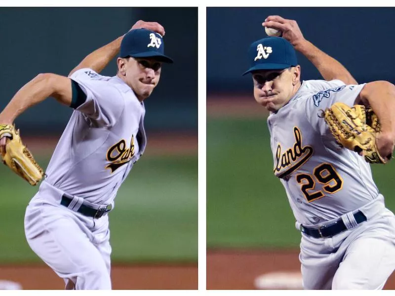 In this two-image combination, Oakland Athletics relief pitcher Pat Venditte delivers with his left and right hand to separate Boston Red Sox batters during a 2015 game at Fenway Park in Boston.