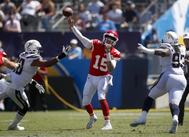 Patrick Mahomes throws against the Los Angeles Chargers
