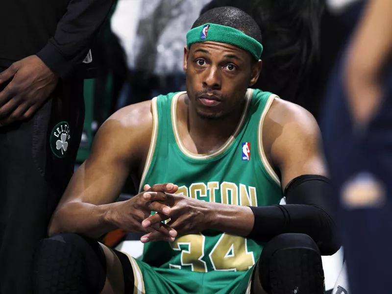Boston Celtics forward Paul Pierce sits on the bench after fouling out in a 2012 against the Denver Nuggets.