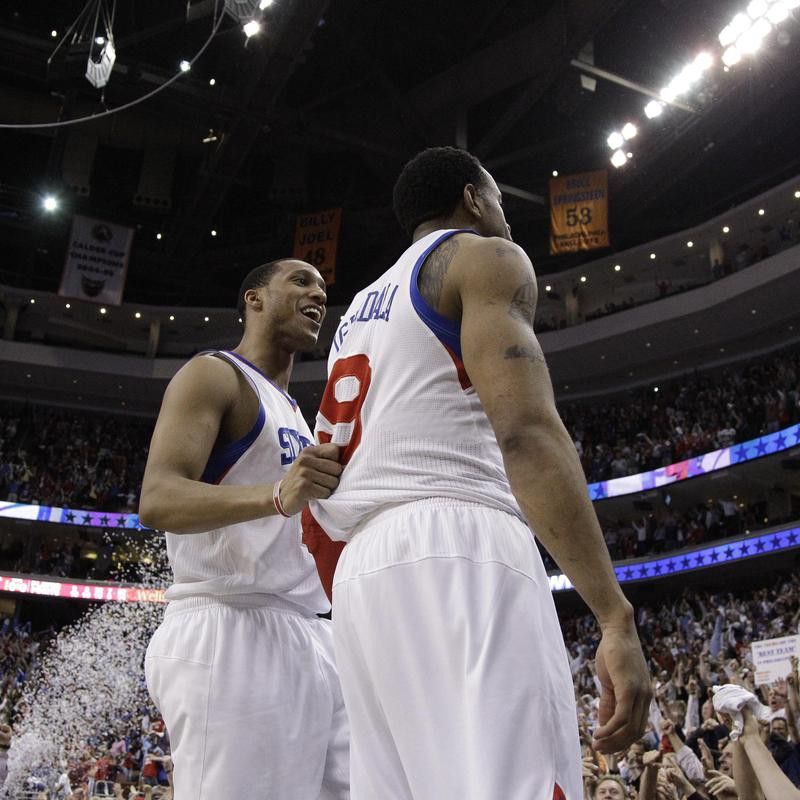 Philadelphia 76ers' Andre Iguodala and Evan Turner celebrate