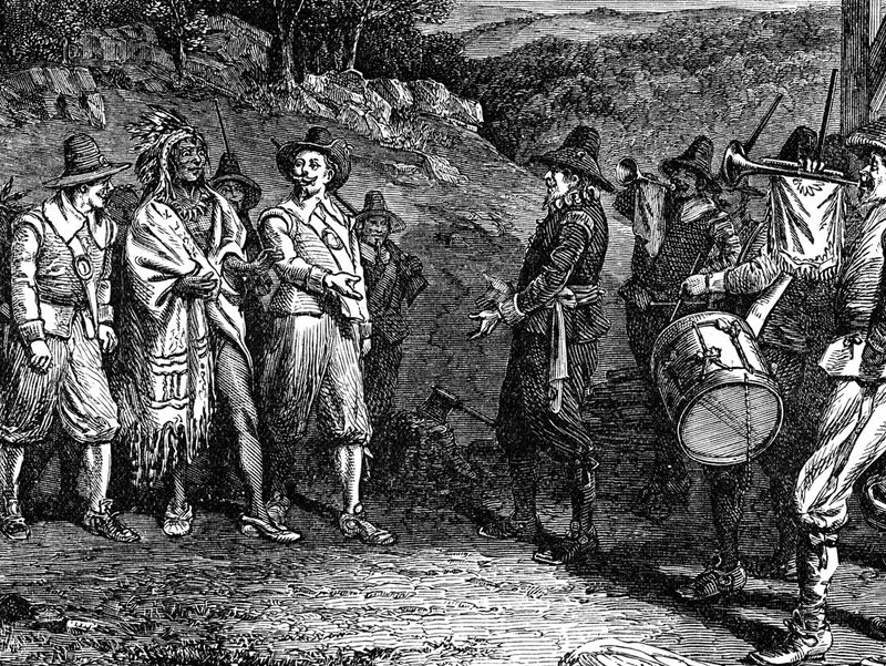 Pilgrims receiving Massasoit