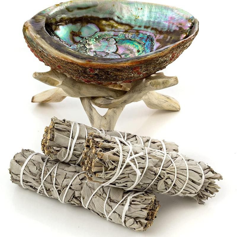 Premium Bundle with 5 Inch or Larger Abalone Shell, Natural Wooden Tripod Stand, and 3 California White Sage Smudge Sticks