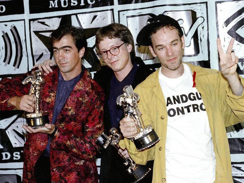 R.E.M. members from left, Bill Berry, Mike Mills and Michael Stipe at MTV Video Music Awards