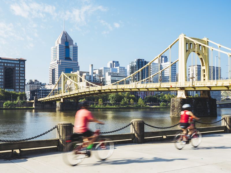 Riding bikes in downtown Pittsburgh, Pennsylvania