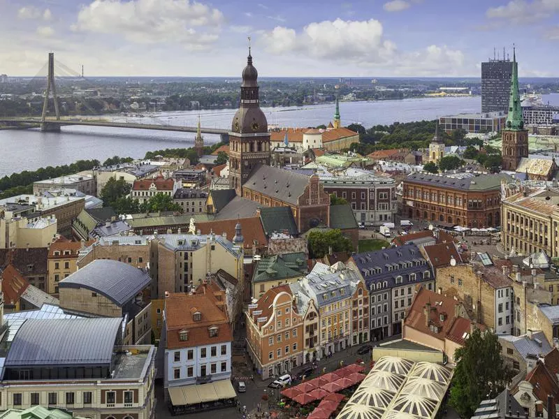 Central Riga, Latvia, with Riga Cathedral and Daugava River in the background.