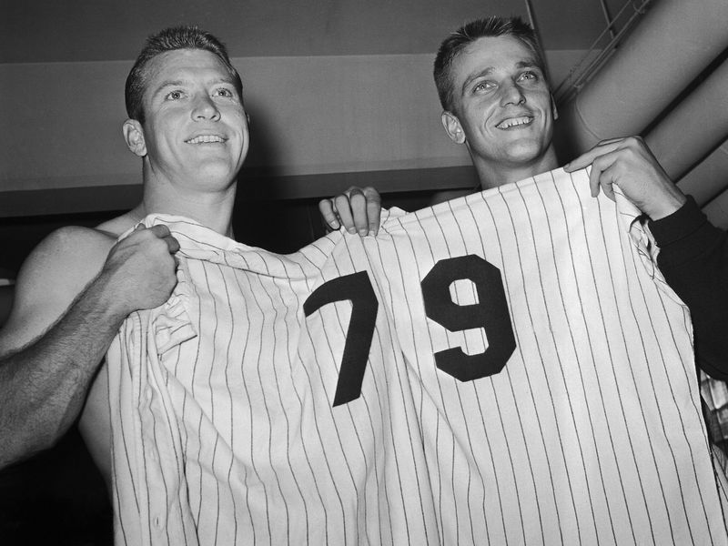 Roger Maris posing with Mickey Mantle