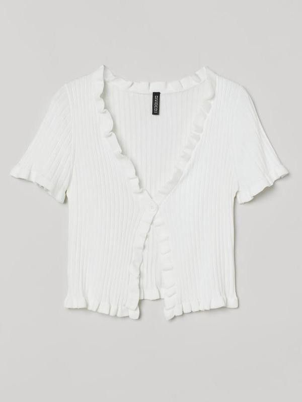 Ruffle-trimmed Ribbed Cardigan