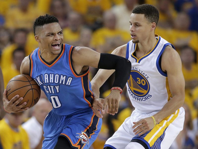 Russell Westbrook reacts after being guarded by Stephen Curry