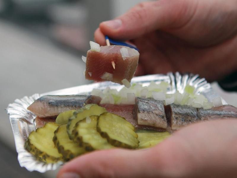 Salted herring with onions in the Netherlands