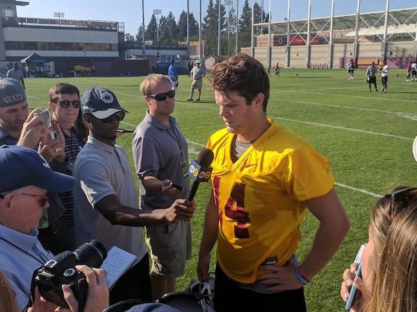 Sam Darnold talking with media at USC