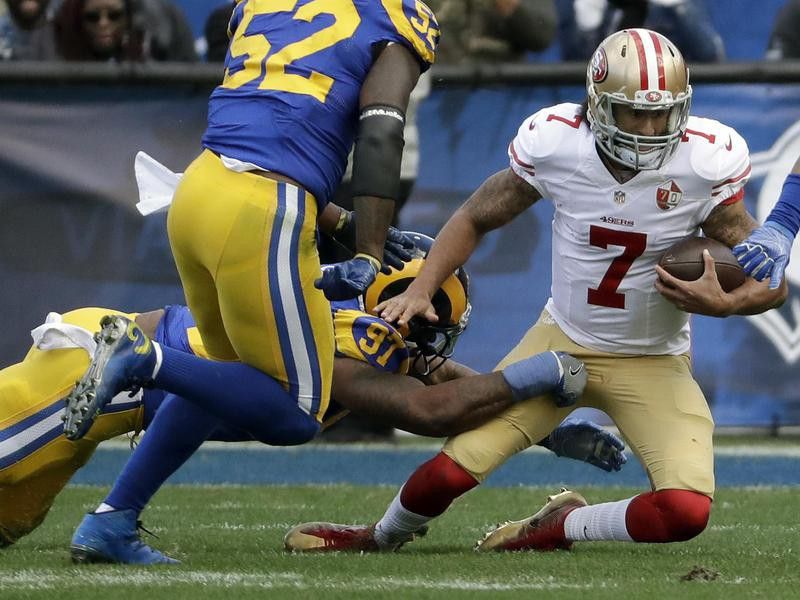 San Francisco 49ers quarterback Colin Kaepernick gets sacked