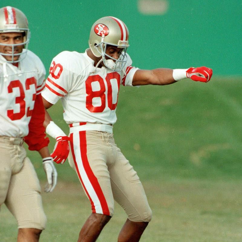 San Francisco 49ers wide receiver Jerry Rice practices shuffle step