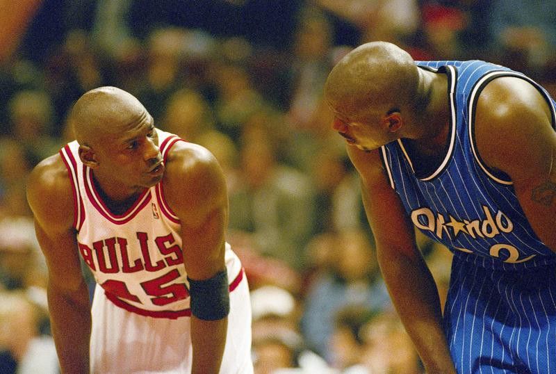 Shaquille O'Neal stares at Michael Jordan