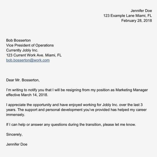 Short resignation letter template