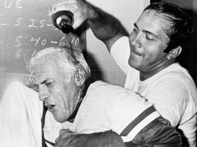 Sparky Anderson gets champagne poured on him